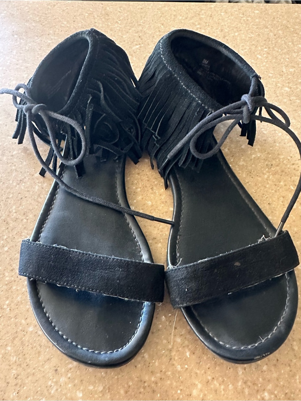 MIA Black Fringe Ankle Tie Sandals